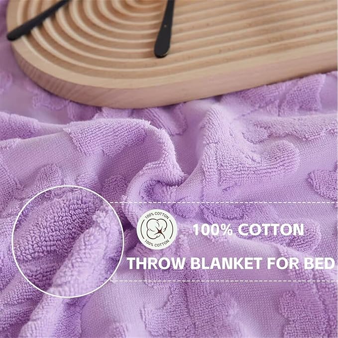 Carved Jacquard Blanket 80x90''100% Cotton Bed Blanket Lightweight Soft Cozy Fall Blanket for Bedroom Throw Blanket for Home Decor Christmas Thanksgiving Gift for Women Moms Girls Purple