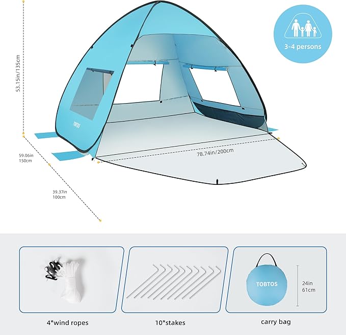 TOBTOS UPF 50+ Pop Up Beach Tent Easy Set Up Beach Umbrella Sun Shelter for 2-3 People UV Protection Portable Sunshade Baby Canopy Cabana Lightweight with Carry Bag