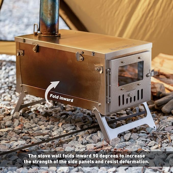 POMOLY Chalet 70 Pro Camping Hot Tent Cabin Tent and UltraFold 0.6 Portable Lightweight Titanium Stove