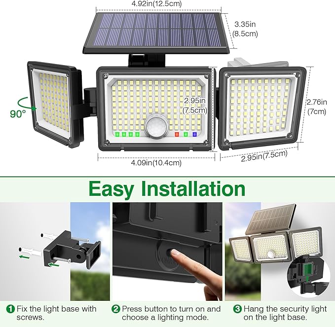 Solar Outdoor Lights Motion Sensor 3500LM 286 LED Security Flood Lights with Visual Battery &amp Mode Display 3 Lighting Modes IP65 Waterproof 3-Head Wide Angle for Garage Yard Patio (2 Pack)