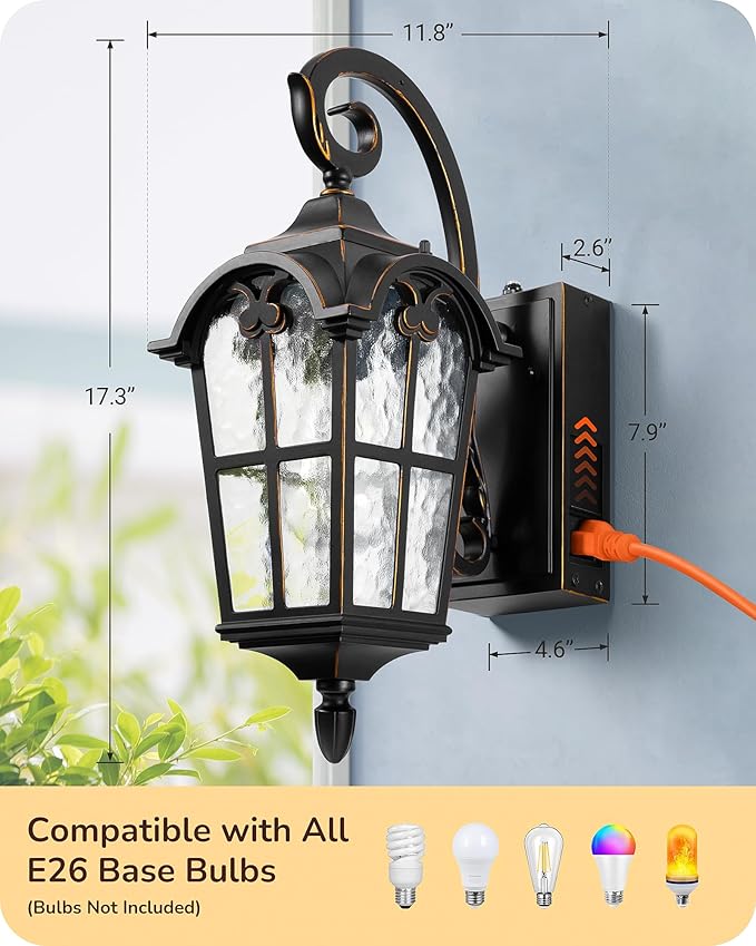 EDISHINE 2 Pack Dusk to Dawn Outdoor Wall Lights Porch Lights with GFCI Outlet Retro Black Outdoor Wall Lantern Waterproof Outside Exterior Light Fixture for Front Door Patio Garage E26 Socket