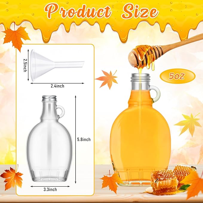 meekoo 24 Pieces 5 oz Glass Syrup Bottles with Aluminum Lid and Loop Handle Glass Maple Bottles Maple Syrup Jars Container with 4 Funnels for Potion Juice Milk Storage Gift Sauce Oil