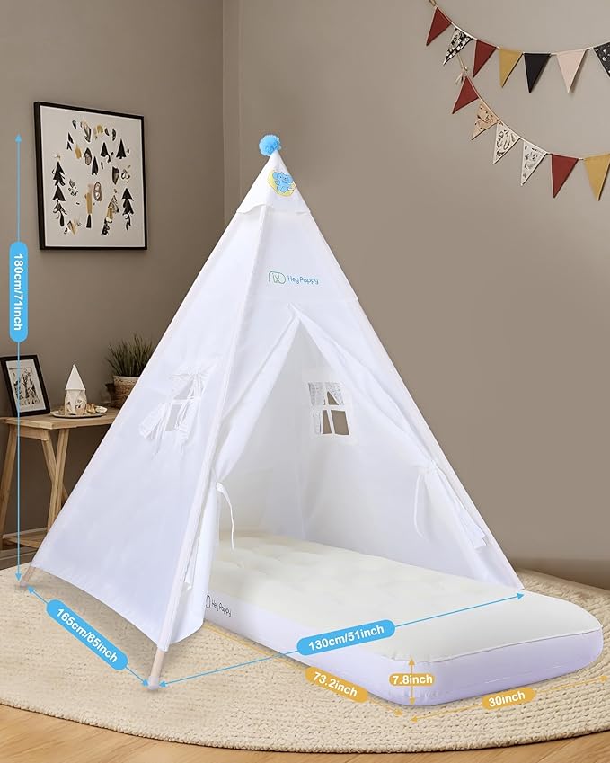 Teepee Tent for Kids with Inflatable Airbed String Lights Balloons Pump Washable Slumber Party Tent Indoor Outdoor for Girls Boys Children Tipi Playhouse for Playtime and Sleepover