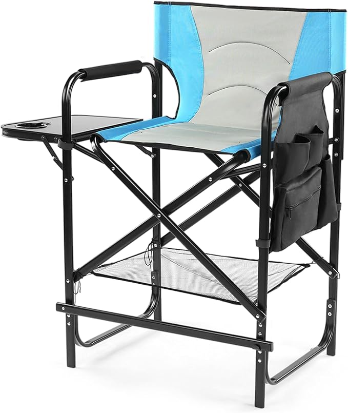 Tall Camping Directors Chair 26 Portable Folding Artist Makeup Chair with Side Table Pocket Footrest Concert Outdoor Foldable Camp Lawn Chairs (Blue)