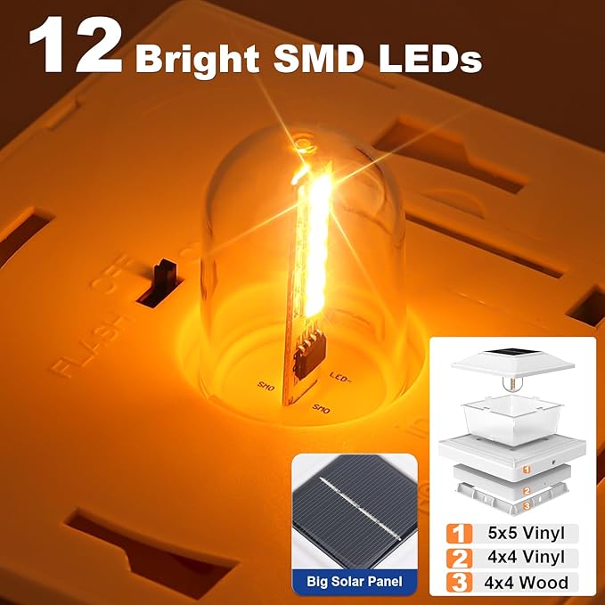 APONUO Solar Post Cap Lights with Flickering Flame &amp Warm White 18-Pack for 4x4 Wood/ 5x5 Vinyl Posts Solar Powered Deck &amp Fence Lights Auto On/Off IP65 Waterproof Glossy White