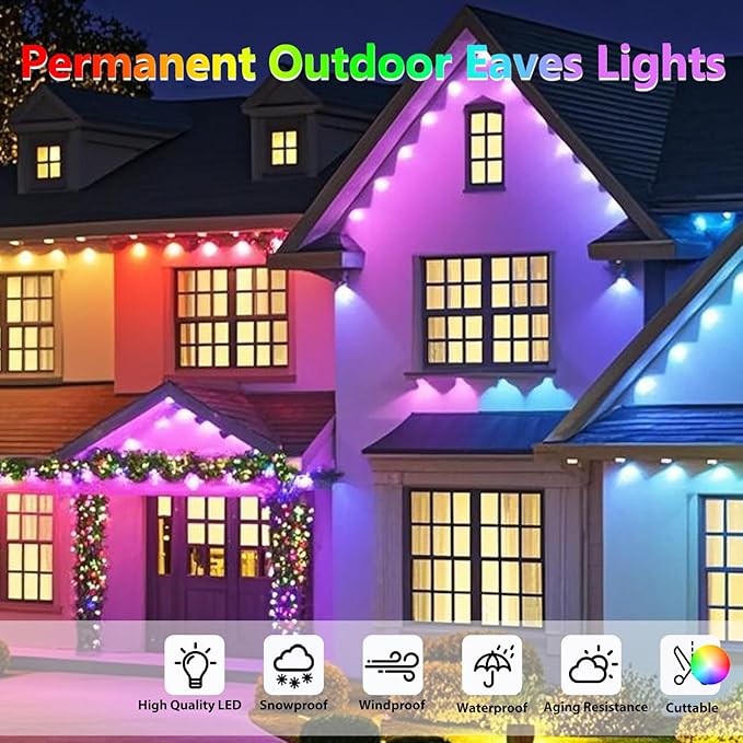 Permanent Outdoor Lights For House 59ft- RGB Led Lights Waterproof Timer Auto On/Off Alexa &amp Google Assistant Compatible Halloween Christmas Decorations For Eaves Garden Roofline Patio Porches