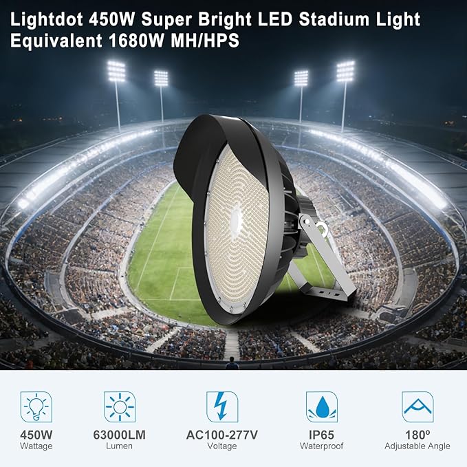 Lightdot 450W(520x1W) LED Stadium Lights 67500Lm (1800W Eqv.) LED High Mast Lights Outdoor AC100-277V IP65 Waterproof Outdoor Sport Count Light Commercial Area Lighting - 1Pack