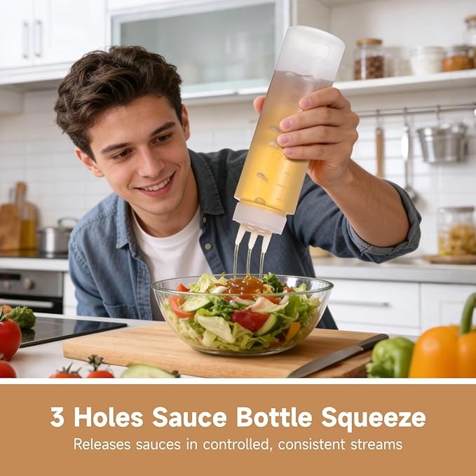 Sauce Bottle Squeeze 6-Pack 24 Oz 3 Hole Tri-Cone Nozzle Clear Dispensing Plastic Bottles For Ketchup Syrup Honey Includes Scale