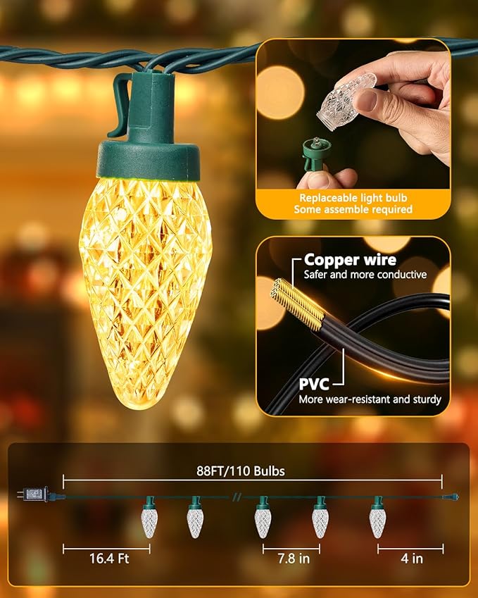Minetom C9 Christmas Lights Outdoor 88FT 110LED String Lights with 8 Lighting Mode Waterproof Connectable UL Certified Warm White C9 Christmas decorations for Indoor Outdoor Patio Roofline Decor 2PC