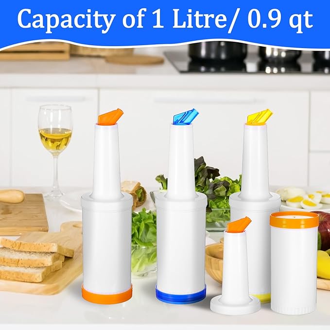 6-Piece Professional Bar Juice Pour Bottles Set - 0.9 Quart Juice Pourers for Bartending Store and Pour Containers for Bar with Leakproof Spouts (Multicolor 3.7x13 Inch PP Plastic)