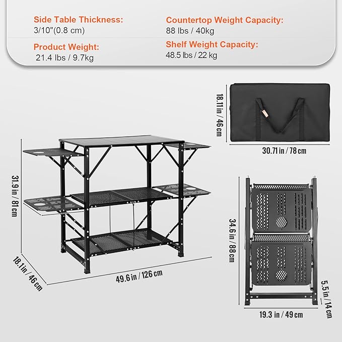 VEVOR Camping Kitchen Table Aluminum Folding Portable Outdoor Cook Station with 4 Iron Side 2 Shelves &amp Carrying Bag Quick Installation for Picnic BBQ Beach Traveling