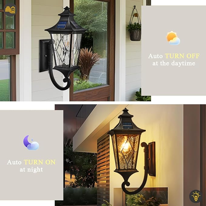Solar Exterior Front Porch Light with Water Ripple Handmade Solder Glass Dusk to Dawn Solar Sconce Lights Outdoor 20.9 Inch Height Large Size Waterproof Include Remote Control and LED Bulb