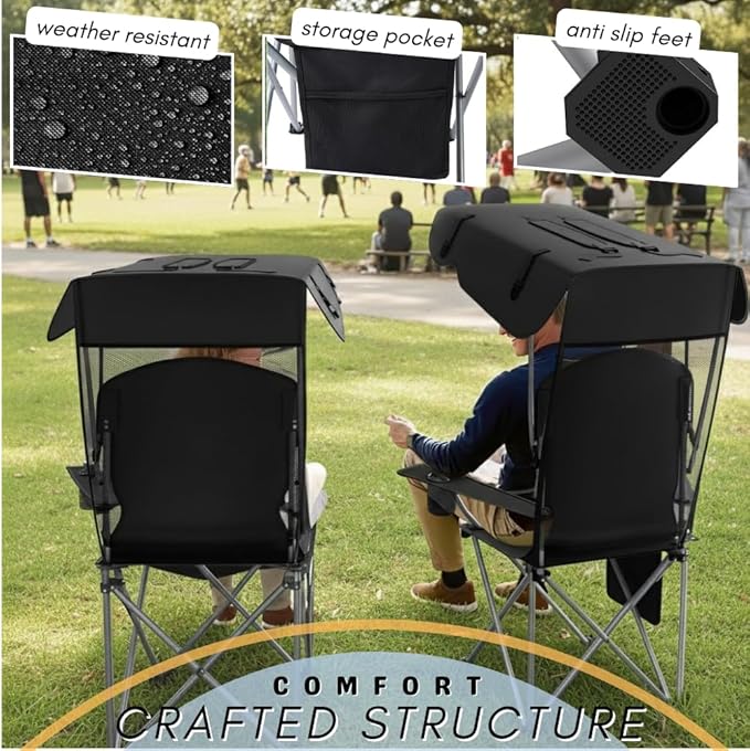 Portable Folding Camping Chairs with Canopy Shade Beach Chair for Adults Durable Weather Resistant 600D Oxford Cloth Camping Chair with Canopy for Outdoors [Black-2 Pack]