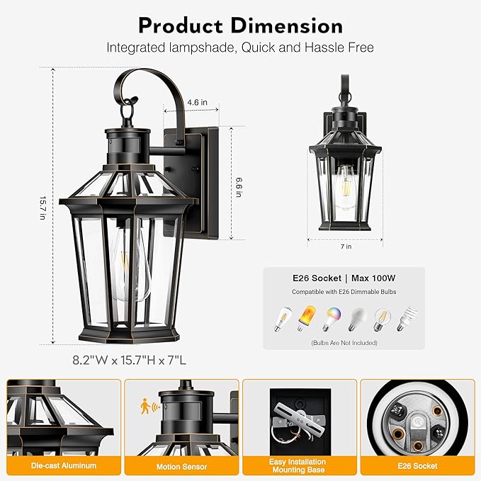 VIANIS Motion Sensor Outdoor Wall Lights Dusk to Dawn Exterior Light Fixture Wall Mount for House Front Porch Light Black Anti-Rust Aluminium Modern Outdoor Wall Sconce Lantern for Garage 2 Pack