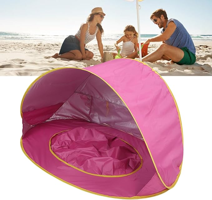 Pop Up Beach Tent Portable Sun Shelter with UPF50+ Protection and Built in Baby Pool Compact Foldable Beach Shade for Infant Outdoor Camping Beach Picnic (Pink)