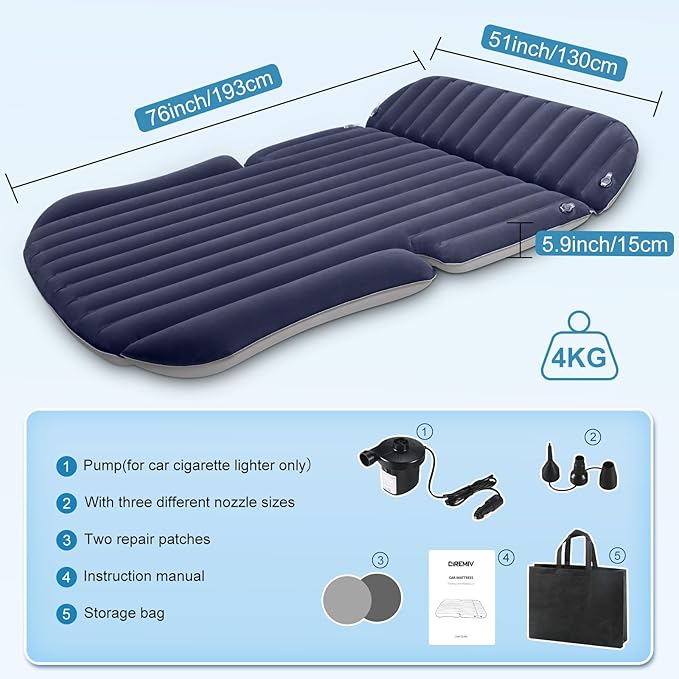 SUV Air Mattress with Double-Sided-Thick FlockedCar Mattress with Pump &amp PillowLeakproof Durable Car Air MattressCar Bed for Auto CampingRoad TripDouble-Sided Flocking（Black+Grey）