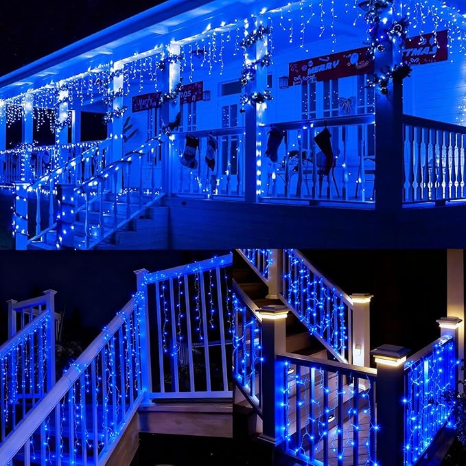 320LED Solar Christmas Lights Outdoor Waterproof Christmas Decorations Curtain Lights 29.5ft 60 Drops8 Modes Solar Powered Rechargeable Fairy Lights for Party HolidayWedding Decorations (Blue)