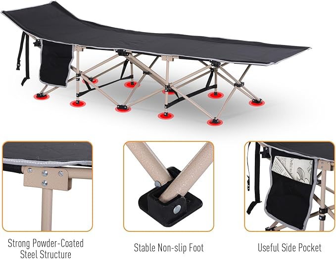 Folding Camping Cot for Adults with Carry Bag Side Pocket Outdoor Portable Sleeping Bed for Travel Camp Vacation 330 lbs. Capacity Black