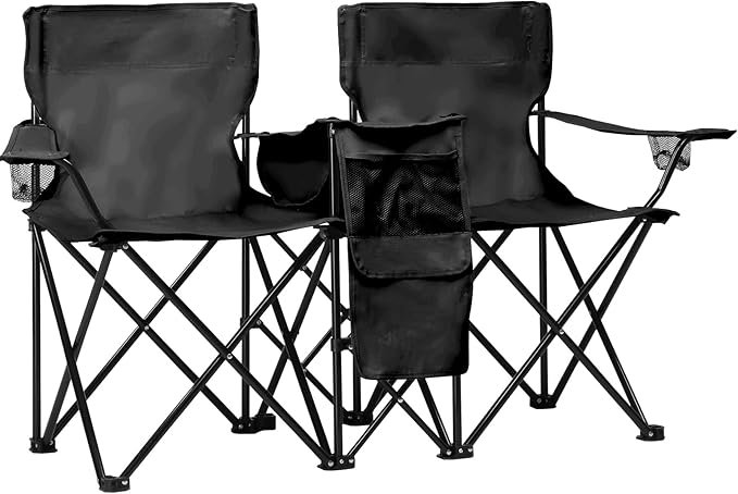 Double Folding Camping Chair W/Umbrella Fold Up Table Beverage Holder Carrying Bag Cooler for Patio Pool Park Outdoor Beach Picnic Portable (Black)