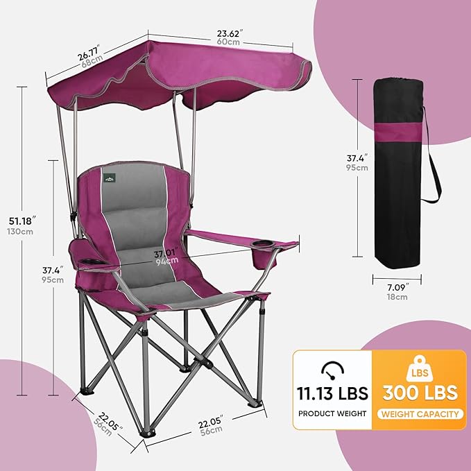 Northroad Folding Camping Chairs with Canopy Shade Beach Chair w/Cup Holders Armrests &amp Carry Bag for Outdoors Travel Sports Fishing Purple