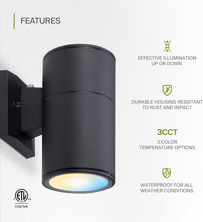 ASD 1 Light Dusk to Dawn LED Outdoor Wall Light Fixture | 9W 1000LM 3000K-5000K 120V Cylinder Up Down Lights | Waterproof Exterior Wall Sconce | Front Door Porch Patio | Black ETL