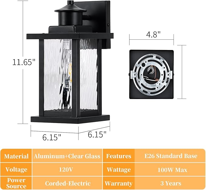 12'' Outdoor Light Fixture 2 Packs Outdoor Wall Lights Exterior Wall Sconce with Water Ripple Glass Waterproof Porch Light Lantern Wall Mounted Modern Black Outside Lights for House Patio Garage