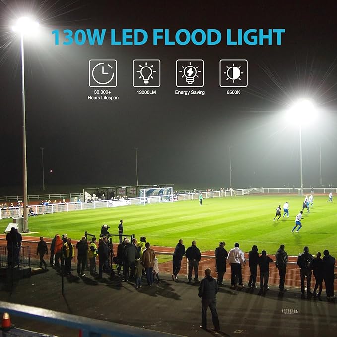 Olafus 2 Pack 130W LED Flood Light Outdoor 13000lm LED Work Light with Plug IP66 Waterproof Exterior Security Lights 6500K Daylight White Outside Floodlights for Playground Yard Stadium Lawn