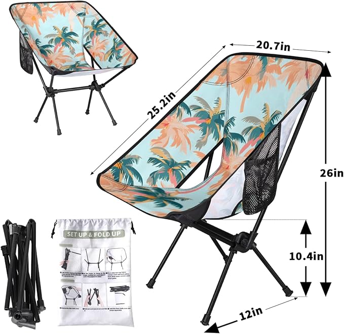 Honeybaby Folding Camping Chair Palm Tree Print Camping Chairs Lightweight Portable Chair Outdoor Foldable Chairs for Camping Travel Picnic Beach Hiking