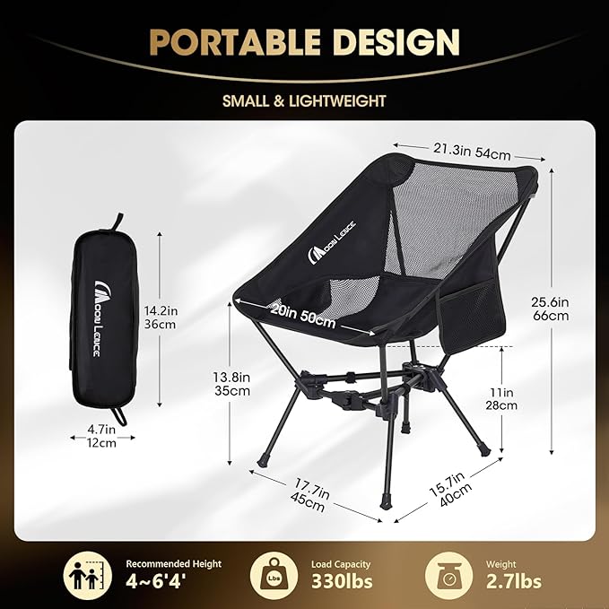 MOON LENCE Portable Camping ChairLightweight Backpacking Hiking ChairsCompactFoldablewith Anti-Sinking Large Feet for Beach330 lbs Capacity (Black Standard)
