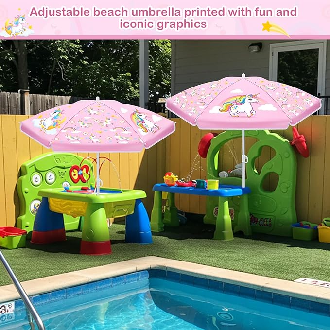 Sweetude Water Table Umbrella (Table Not Included) Kids Seaside Beach Umbrella Picnic Canopy for Summer Toddlers Sand Beach Camping Garden Outdoor Pool Shade Party Supply(Unicorn Theme)
