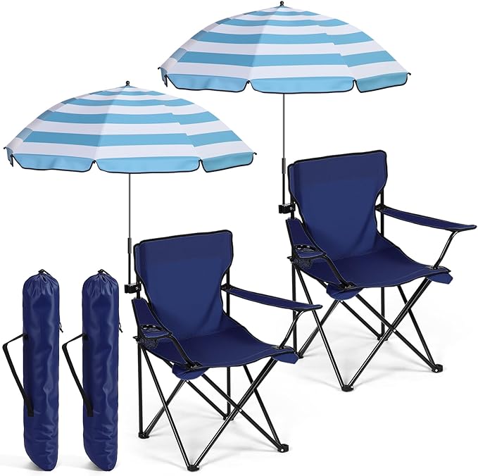 2 Sets Beach Chair with Umbrella Foldable Camping Chair Fold up Umbrella with Universal Clamp Large Portable for Outdoors Fishing Camping Hiking Travel Picnic Beach (Navy BlueGray)