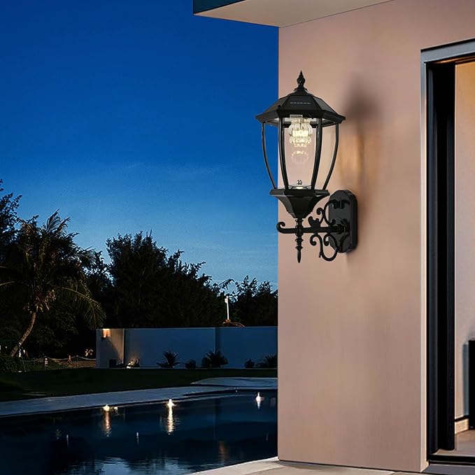 Solar Wall Lantern Outdoor Wireless Dusk to Dawn Solar Wall Mount Light 21 Large LED Drum Wall Sconce Fixture with Clear Glass and Aluminum Housing Weatherproof 2 Pack