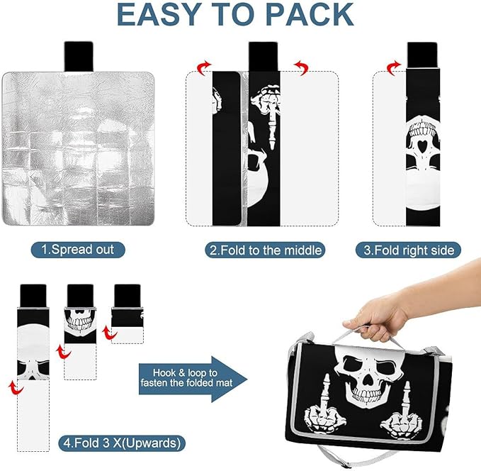 Vintage Halloween Black Victorian Gothic Skull Damask Waterproof Outdoor Picnic Blanket Sandproof Beach Mat for Camping Hiking Grass Travelling