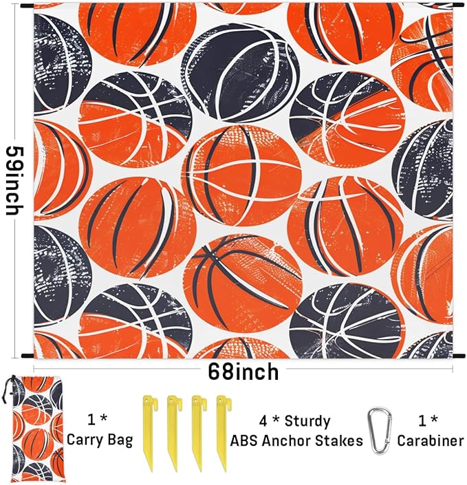 Waterproof Sandproof Beach Blanket 59''×68'' Basketball Polyester Outdoor Picnic Blanket with 4 Stakes &amp Storage Bag for BeachCampingVacation Orange