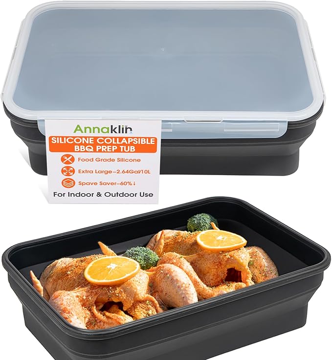 Silicone Collapsible Marinating Container with Lid for Meat 2.64Gal/10L Extra Large Collapsible BBQ Prep Tub Transparent Locking Lid XL Grill Prep Trays and Carry System BBQ Must-Have Black