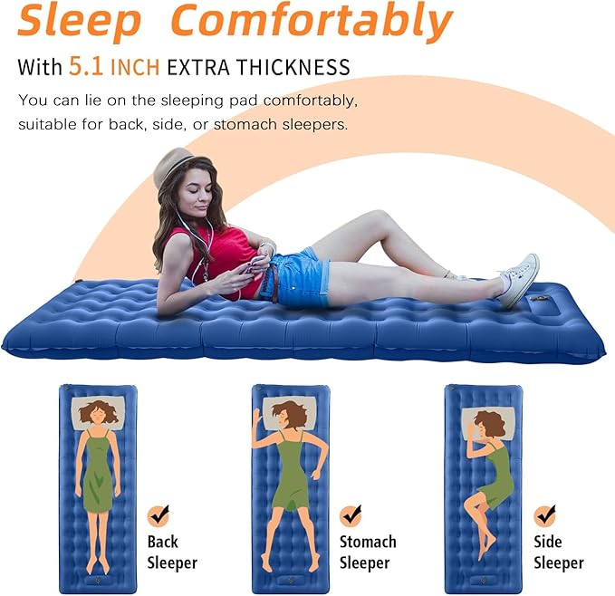 Inflatable Sleeping Pad for Camping Ultralight Sleeping Mat with Built-in Foot Pump 5.1 Extra-Thick Camping Mattress Pad for Backpacking Hiking Tent Traveling