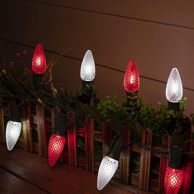 C9 LED Christmas Lights Outdoor with Stakes 25.7 Feet 20 LED C9 Strawberry String Lights Connectable Shatterproof Pathway Lights Marker for Path Lane Patio Xmas Holiday Decorations Red and White