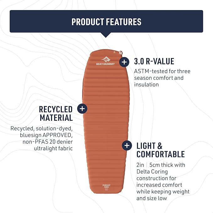 Sea to Summit Pursuit Self-Inflating Sleeping Mat for Camping and Backpacking Tapered - Regular (72 x 22 x 2 inches)