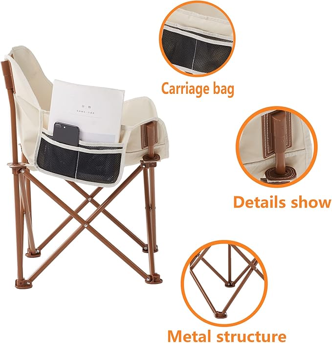 Portable Lightweight Camping Chair Foldable Chair with Carry Bag and Side Pocket Compact Outdoor Chair for Camping Essentials Hiking Fishing Beach Picnic (Khaki)
