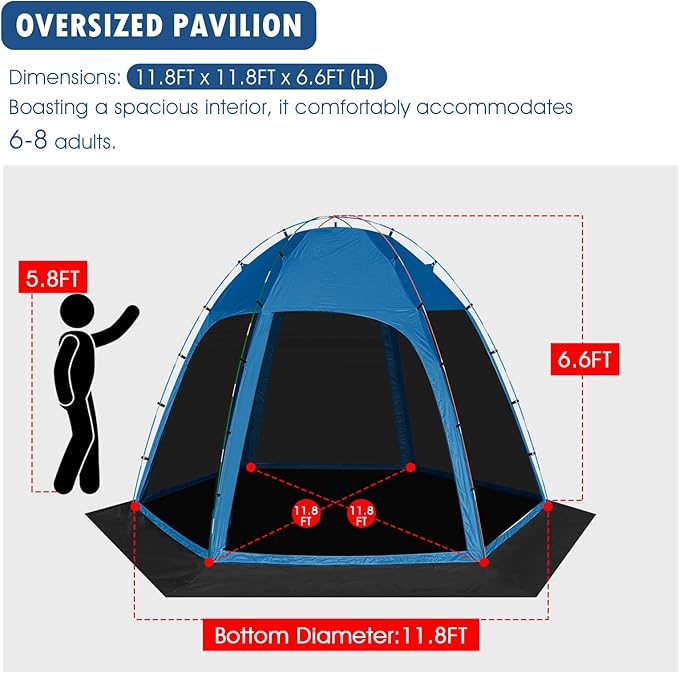 Screen Tent with Removable Floor Siebwin 11.8'x11.8' Six-Sided Gazebos with Mosquito Netting Sunproof Outdoor Canopy Tent for 6-8 People Family Backyard Party Outside Activities Blue