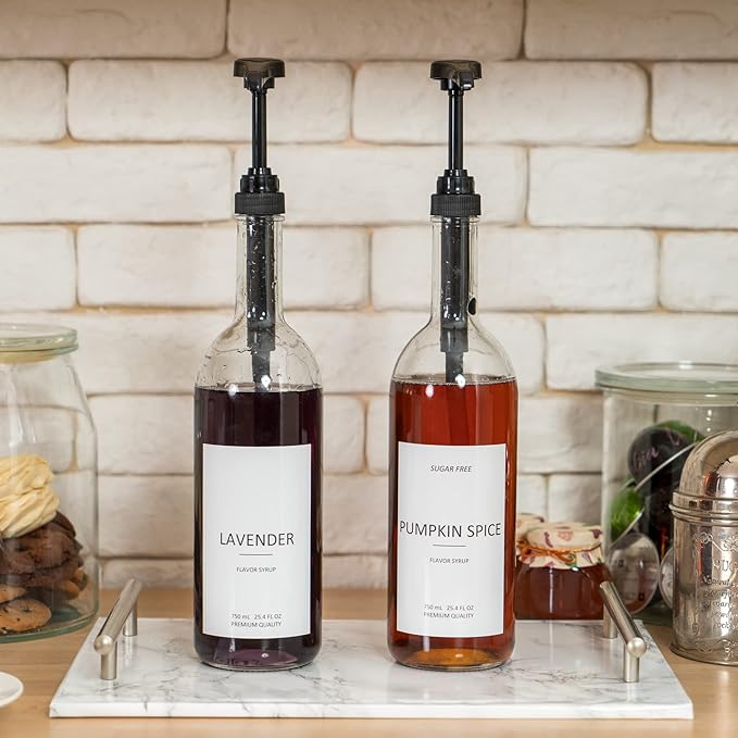 Demi's Home 25.4 oz 750 ml Glass Coffee Syrup Dispenser for Coffee Bar - 2 Pack - Comprehensive Label Set &amp ¼ oz Pumps Included