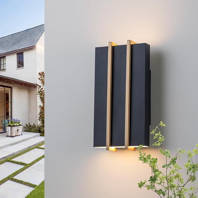 Upgraded Modern Outdoor Wall Light Fixture 10.8 Up and Down Outdoor Sconce Lights 15W 3CCT 3000K/4000K/5000K IP54 Waterproof Exterior Wall Sconce Black Metal Frame with Brass Accents