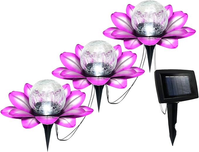 LEWIS&ampWAYNE Solar Garden Lights Outdoor 3 Pcs Purple Lotus Flower Pathway Lamps with Cool White Crackle Glass Globe Led Lights for Patio Pathway Yard Balcony Garden Decorations