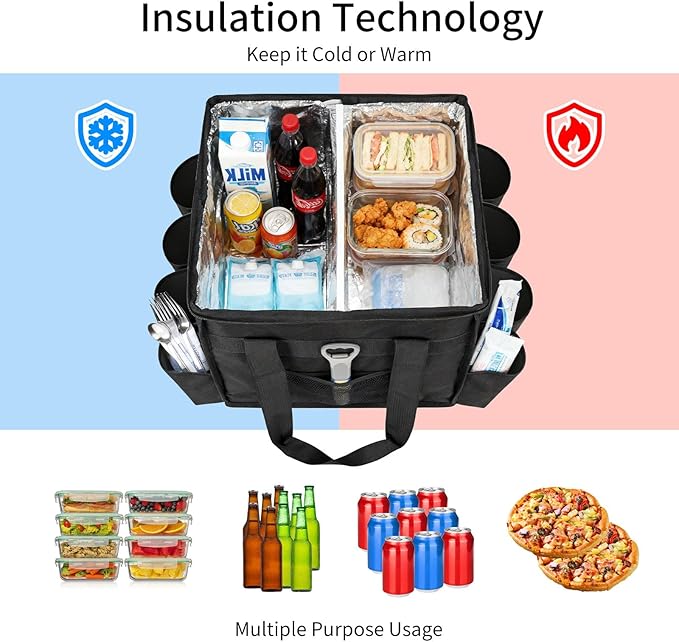 Insulated Food Delivery Bag with 8Cup Holderremovable partition plateThermal Cold/Hot Separationfor Beverages Parties Grocery Food Transport Hot &ampCooler Bags