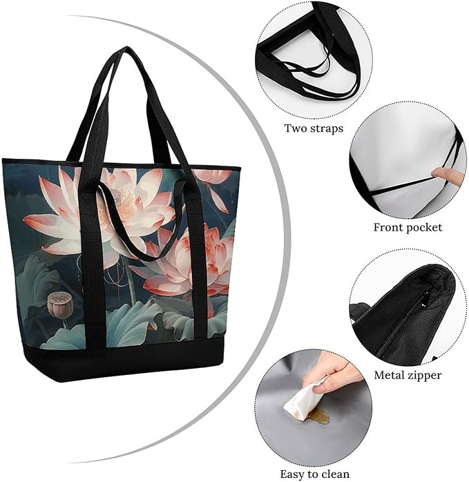 Insulated Shopping BagLarge Reusable Cooler Bags Dragonfly And Lotus Printed Foldable Shopping BagTravel Waterproof Shoulder Bag