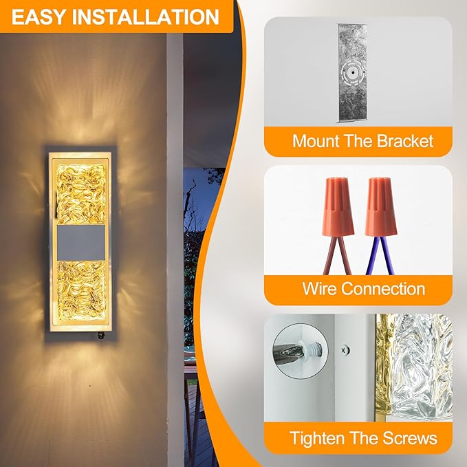 Dusk to Dawn Outdoor LightingExterior Lighting Fixtures IP65 Waterproof Porch Lights Outdoor 12W LED Crystal Modern Outside Wall Sconce for Porch Hallway Doorway Patio14.2'' White&ampGold