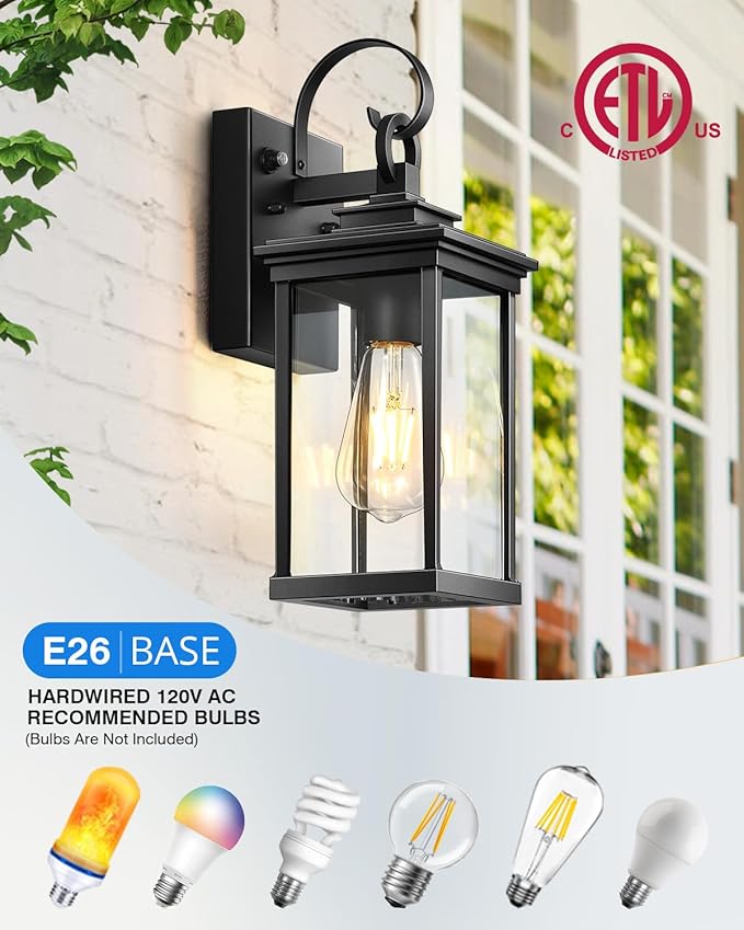 VIANIS Outdoor Wall Light Fixtures Dusk to Dawn Exterior Wall Lighting Porch Sconces Wall Mounted Lanterns with E26 Sockets Matte Black Wall Lamps for Patio Front Door Entryway 2-Pack Waterproof