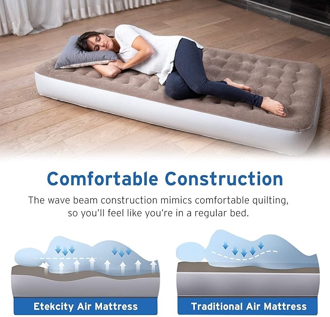 Etekcity Air Mattress Upgraded Twin Size Camping Air Bed Blow Up Bed Inflatable Mattress Raised Airbed with Rechargeable Pump for Guest Camping Hiking Height 9 Storage Bag Brown