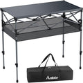 Anbte 34.2” Tall Camping Table Foldable 2 Adjustable Height Large Roll Up Camping Table Support 264lbs with Storage Basket and Bag Waterproof for Travel BBQ Outdoor Patio 39.4” x 19.7” Black