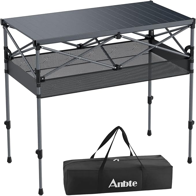 Anbte 34.2” Tall Camping Table Foldable 2 Adjustable Height Large Roll Up Camping Table Support 264lbs with Storage Basket and Bag Waterproof for Travel BBQ Outdoor Patio 39.4” x 19.7” Black
